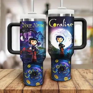 Spooky Doll Coraline Tumbler 20oz 40oz, Dark Cartoon Movie Inspired Design, Gothic Whimsical Aesthetic Cup, Perfect Gift for Fans 2026, Stainless Steel With Handle & Straw