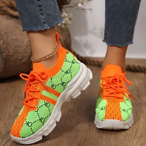 [Geometric Running Shoes] Lightweight Orange & Green Geometric Women's Running Shoes - Breathable Knit, Thick Sole, Non-Slip EVA, Casual Athletic Footwear Workout Sneakers Outdoor Sneakers Runners