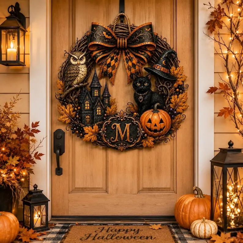 Personalized Halloween Wreath Wooden Door Sign Hanger, Custom Family Name Sign, Fall Front Door Decor, Spooky Family Name Gift