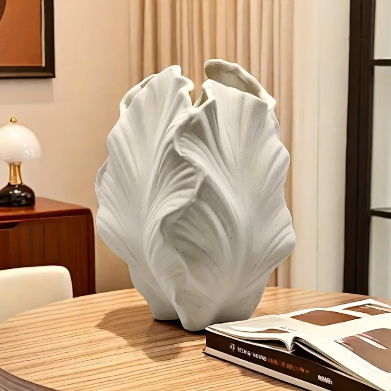 1pc Bohemian Style White Ceramic Vase with Textured Leaf Design - Oval, Hand-Wash Only, PVC-Free - Ideal for Home Decor & Seasonal Celebrations (Halloween/St. Patrick's Day/Christmas/Easter/Thanksgiving), Vases Home Decor Ornaments