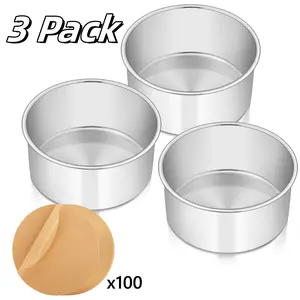 3 Pack 6 Inch Cake Pan & 100 Parchment Paper, Aluminum Round Layer Cake Baking Pans, No Coating Cake Pans Cake Mold, Mirror Finish Dishwasher Safe Cake Pans Sets for Baking