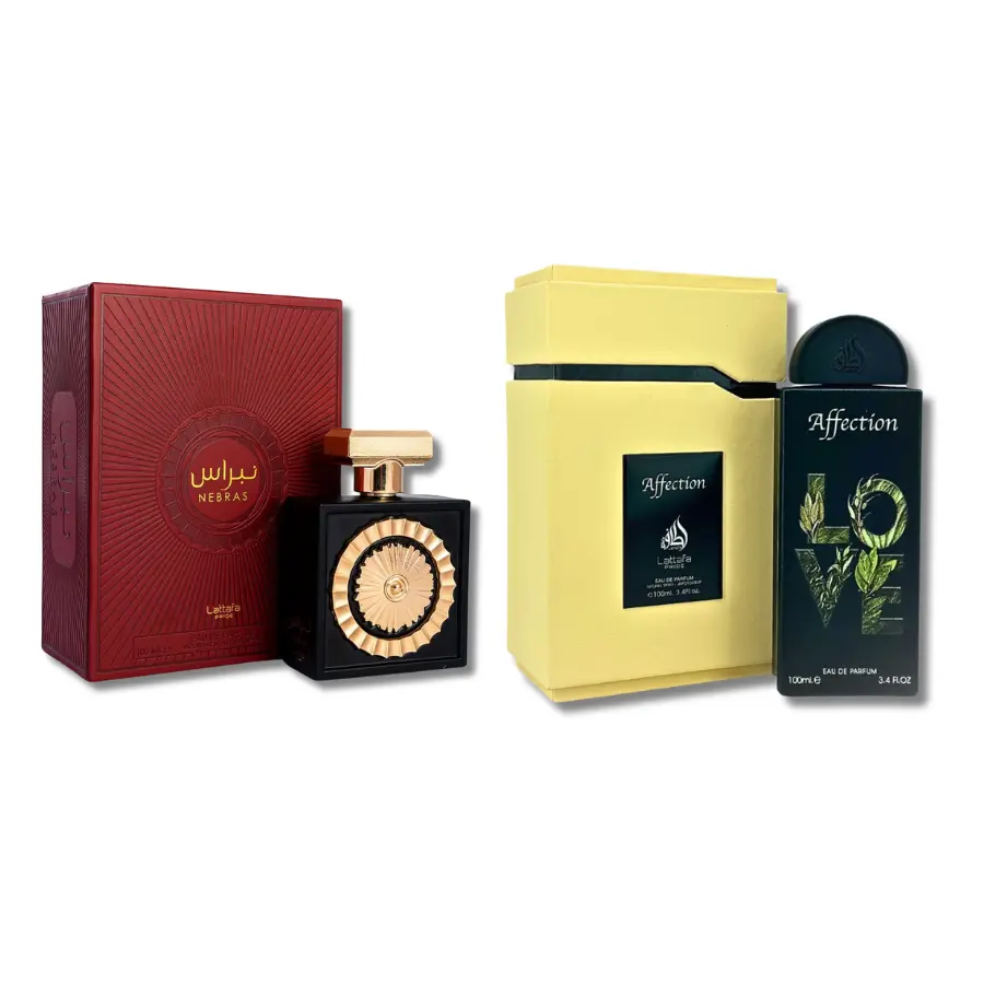 Lattafa Unisex 2-Piece EDP Set - Nebras & Affection Sweet Vanilla Perfumes, 3.4 fl oz Each, Alcohol-Containing, Long-Lasting Fruity Floral Powdery Scents, Maber Bottle, Regular Edition, Great Scent for Adults