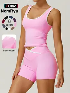 2 piece set women's patchwork high elasticity soft U-neck wide shoulder strap vest cross waist shorts yoga suit set, Workout Running Outfits, for all seasons running, walking gym sports training