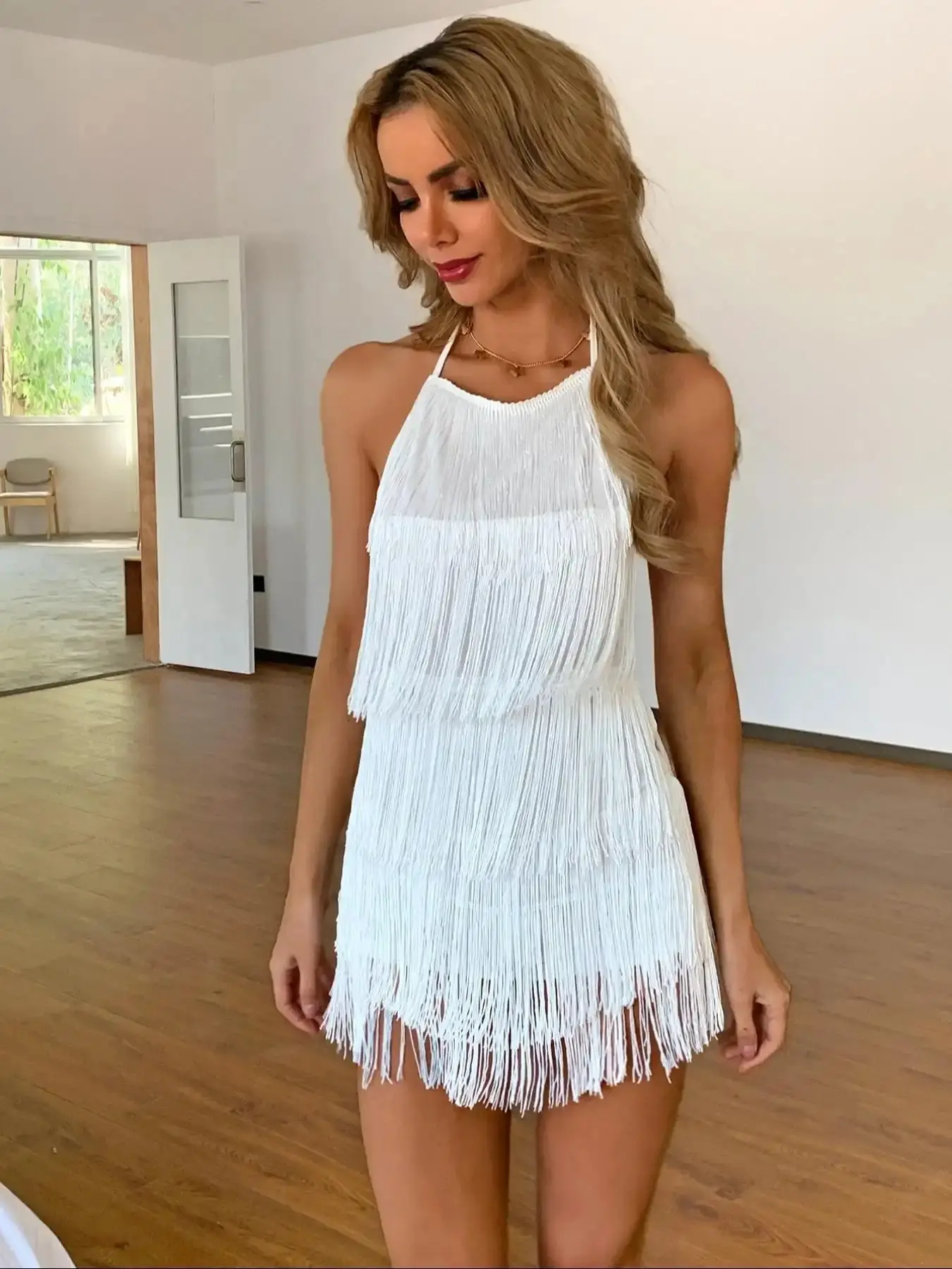 Women's Tiered Layer Tassel Trim Backless Halter Romper, Summer Clothes Women, Women's Clothes for Beach Party, for Women