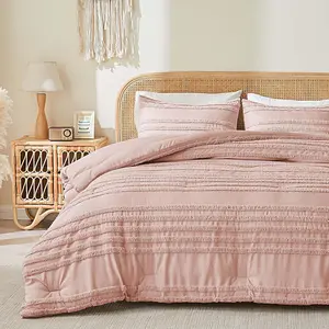 Boho  Size Comforter Set - Dusty Pink Tufted Striped Bed Set 3 count, Soft  Farmhouse Comforter for All Seasons, Boho Home Decor,Fluffy Jacquard Bedding with Pillow Sham