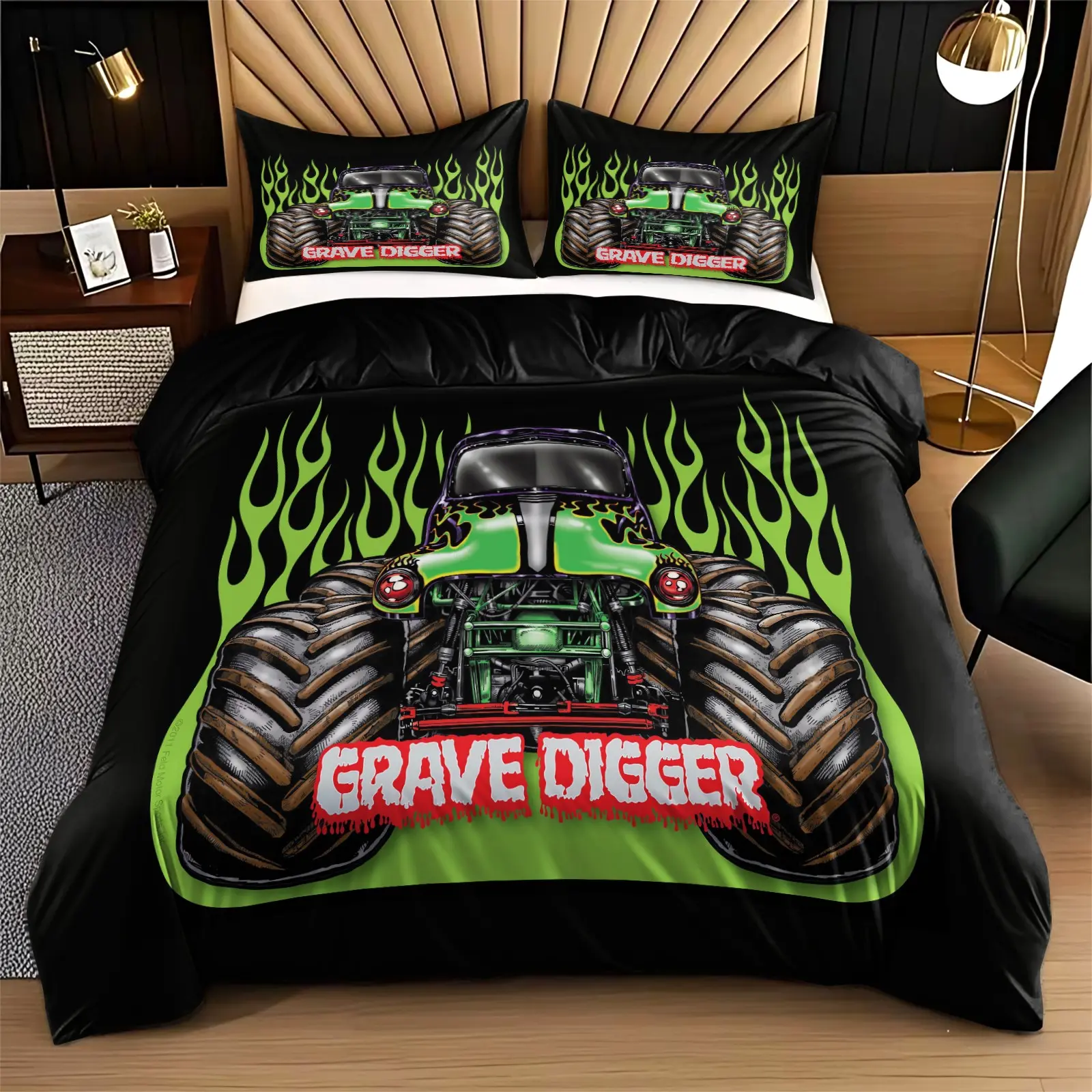 Monster Truck Gravedigger Print Bedding Set, Bed Sets, 3-Piece Includes 1 Fitted Sheet + 2 Pillowcases, Soft Comfortable Bedroom Linen