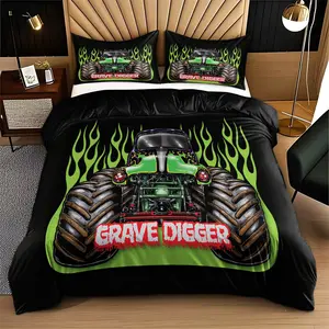 Monster Truck Gravedigger Print Bedding Set, 3-Piece Includes 1 Fitted Sheet + 2 Pillowcases, Soft Comfortable Bedroom Linen