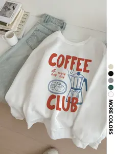 Women's Coffee Pot Letter Print Round Neck Sweatshirt, Casual Fall Long Sleeve Pullover, Loose Fit Cozy Top for Autumn Fashion, Stylish Everyday Wear