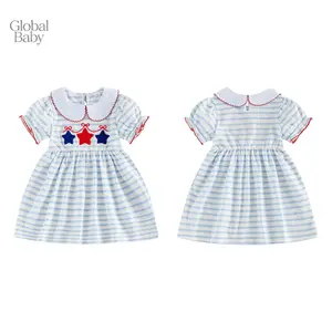 Global Baby Independence Day Baby Girl 4th of July Dress Short Sleeve Doll Collar Star Embroidery Dress Toddler Casual Dress