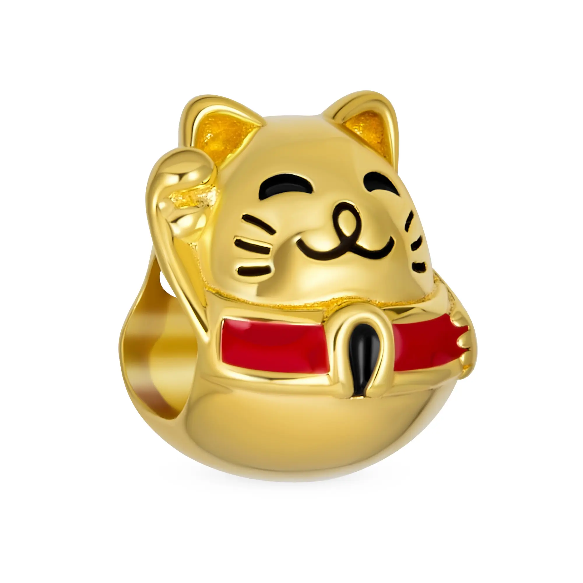 Sterling Silver Japanese Good Fortune Maneki Neko Lucky Kitten Cat Charm Bead Yellow 14K Gold Plated