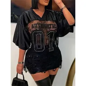 Summer Women's Letter Rhinestone Lace Jersey Tops Midnight Party Wear V-Neck Half Sleeve See Through T-Shirt