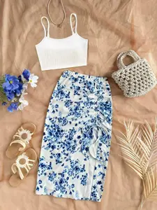 Summer 2-Piece Set: Women's Casual Holiday, Solid Color Thin Strap Sleeveless Top and Floral Split Skirt, Elegant Fitted Style, All over Print