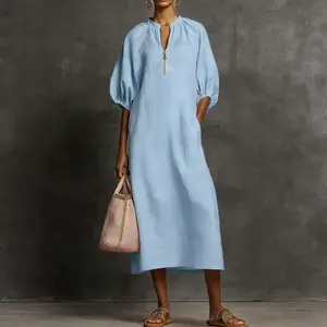 Women's Oversized Flowy Dress Casual Boho Puff Sleeve Linen Feel Sundress Maternity Friendly Gift