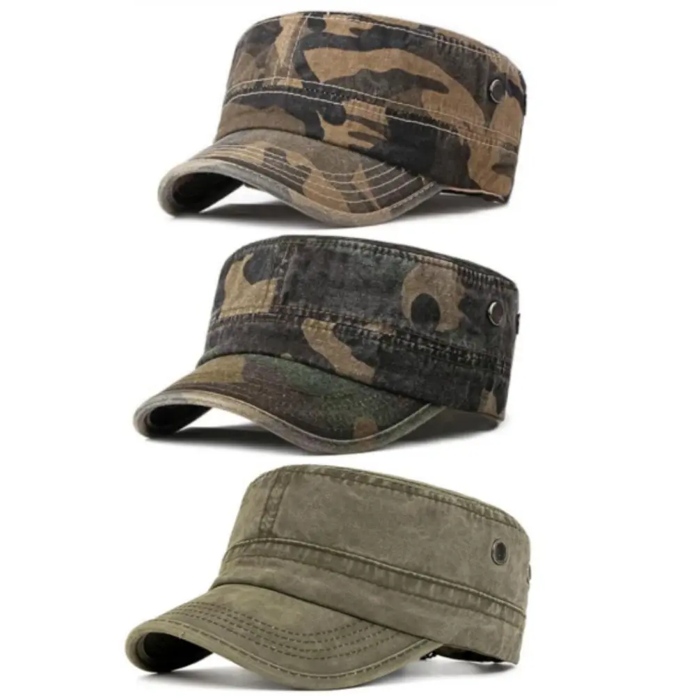 3Pcs Washed Cotton Military Cadet Army Caps Unique Design Vintage Flat Top mens Hat