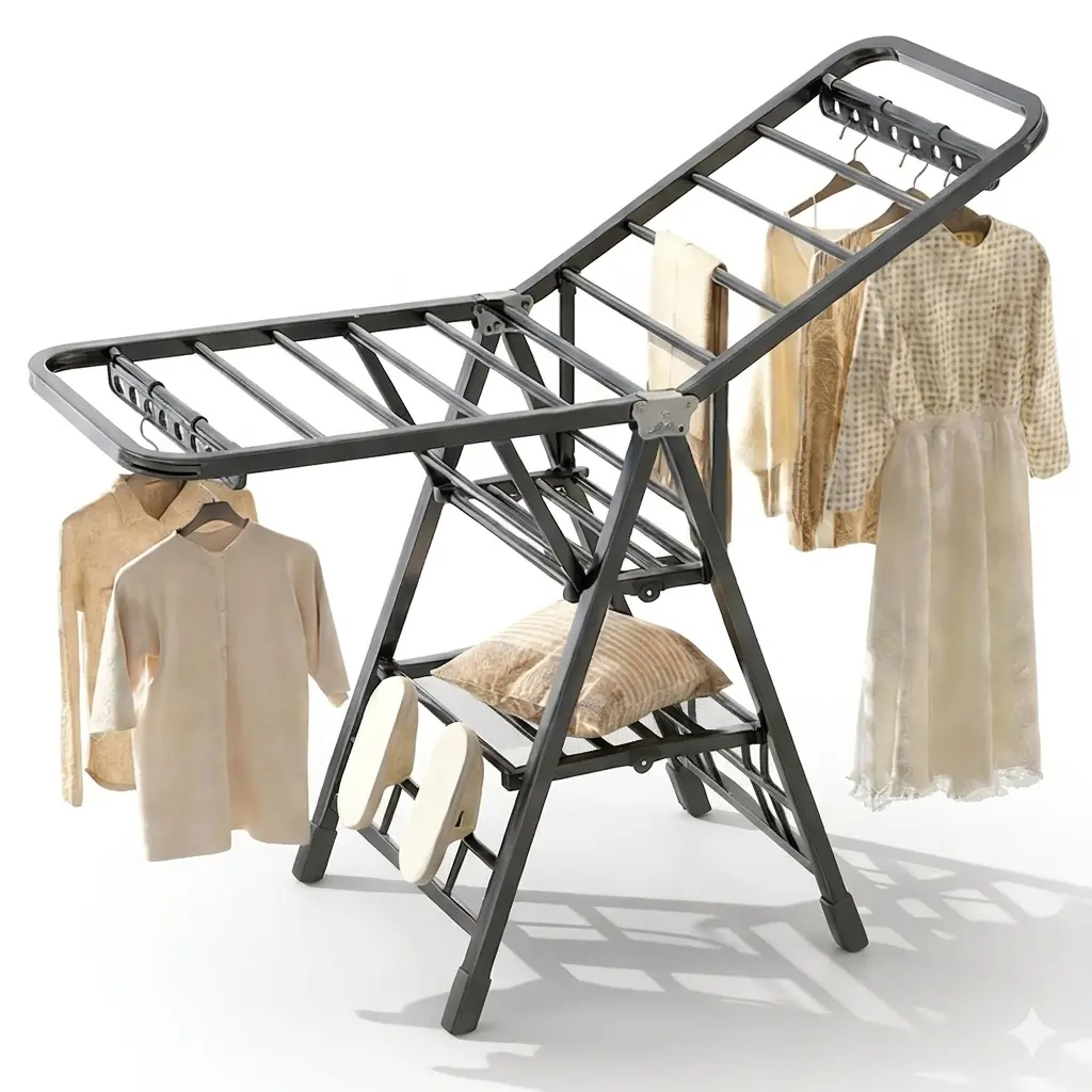 Joybos Foldable Clothes Drying Rack, Heavy Duty Gullwing Laundry Drying Rack with Shoe Holders & Hooks, Indoor Outdoor Portable Clothing Rack for Quilt Blanket Towels