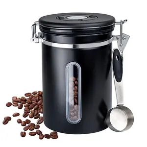 Coffee Canister with Window, Airtight Stainless Steel Kitchen Food Storage Container with Lids, Date Tracker and Scoop for Grounds Coffee, Beans, Tea, Flour, Cereal, Sugar Jars, 60OZ, Black