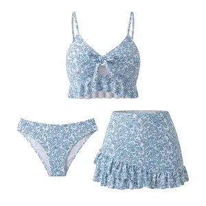 3 Piece Ditsy Floral Bathing Suit for Women Smocked Back Ruffle Bikini Set with High Waisted Skirt Cover Up Tie Front Adjustable Swimwear Summer 2026