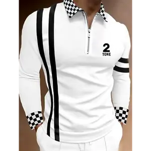 [Polyester Casual Polo Shirt] Polyester 100% Knit Fabric Men's Casual Short Sleeve Zip Up Polo Shirt - Chain Detail, All-Season Lapel Collar Top, Regular Fit, Letter Pattern Print - 164 gsm