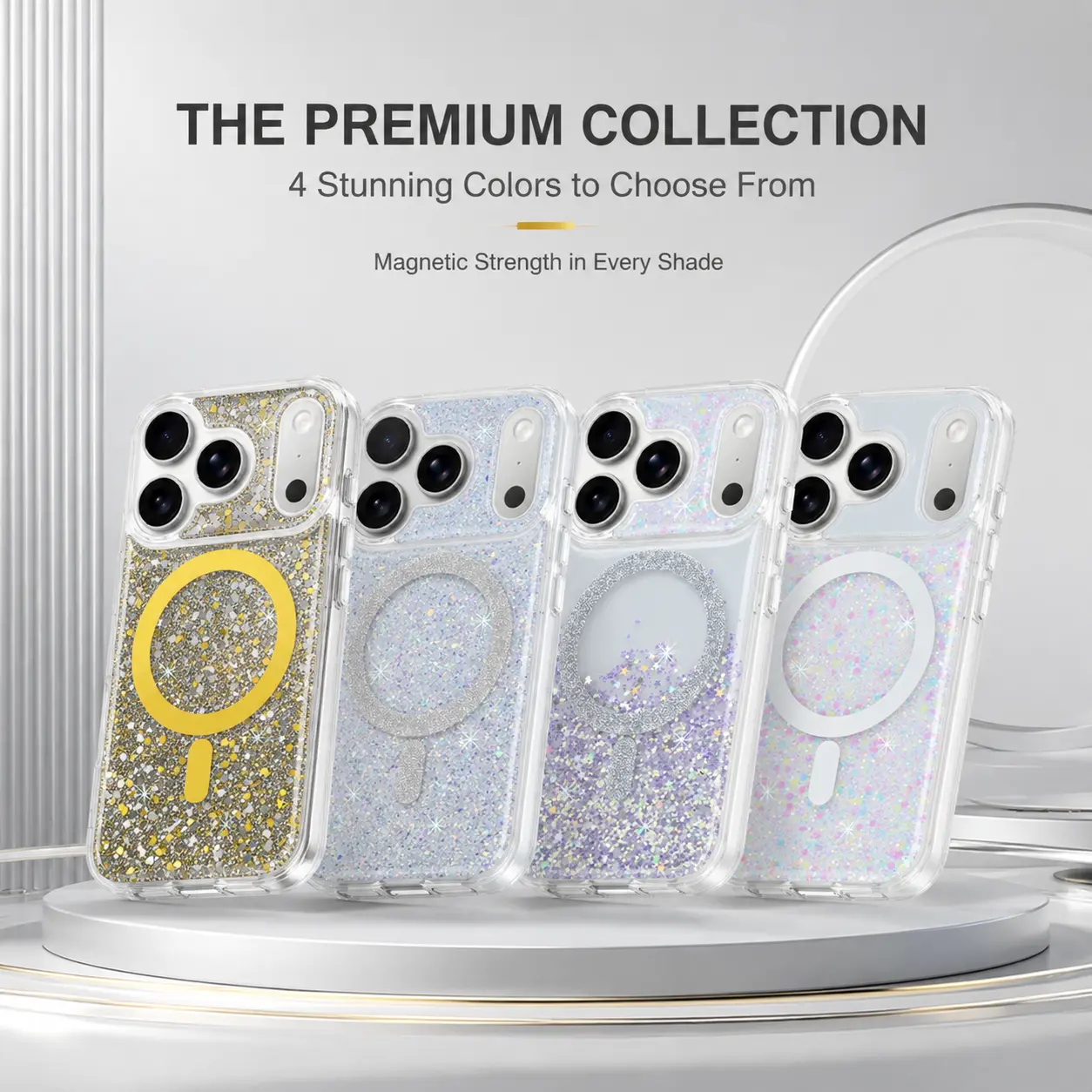 NICESTCASE Customized Magnetic Flash Powder Epoxy Resin Phone Case for iPhone, TPU-Polycarbonate Transparent Durable Protective Phone Cover, 1.5m Drop Protection Glam Accessory, Resists UV Yellowing, 3D Shimmering Effect & Tempered Glass Screen Protector
