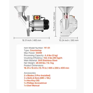 VEVOR 550W Electric Fruit Apple Crusher, SUS304 Desktop Crushing Machine, Grinds Whole Apples Up to 2.76 Dia, 60 KG/H Capacity, Cider Press for Apples, Pears, Pineapple, Guava, Carrot, Potato