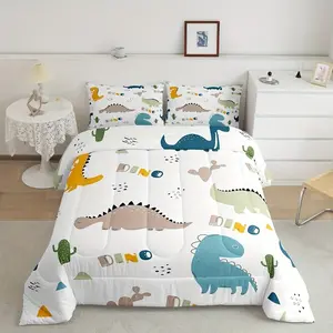 3-piece Jungle Dinosaur Bohemian Cactus Pattern Quilt Set (1 Quilt + 2 Pillowcases without Pillow Inserts), featuring U-shaped quilting. The quilt contains 200gsm filling, suitable for all seasons. It is breathable, skin-friendly, soft, durable, and machi