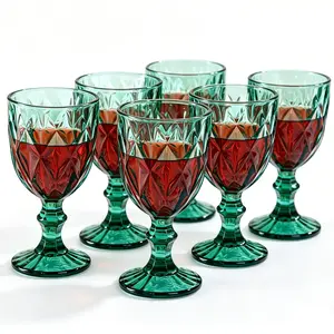 Vintage Wine Glasses Set of 6, 8 oz Colored Glass Water Goblets, Embossed Floral Decorative Crystal Glass Cups Set, Dishwasher Safe, for Wedding, Party, Red Wine Glass, Bars, Restaurants Glass Ware Wine lovers Gift