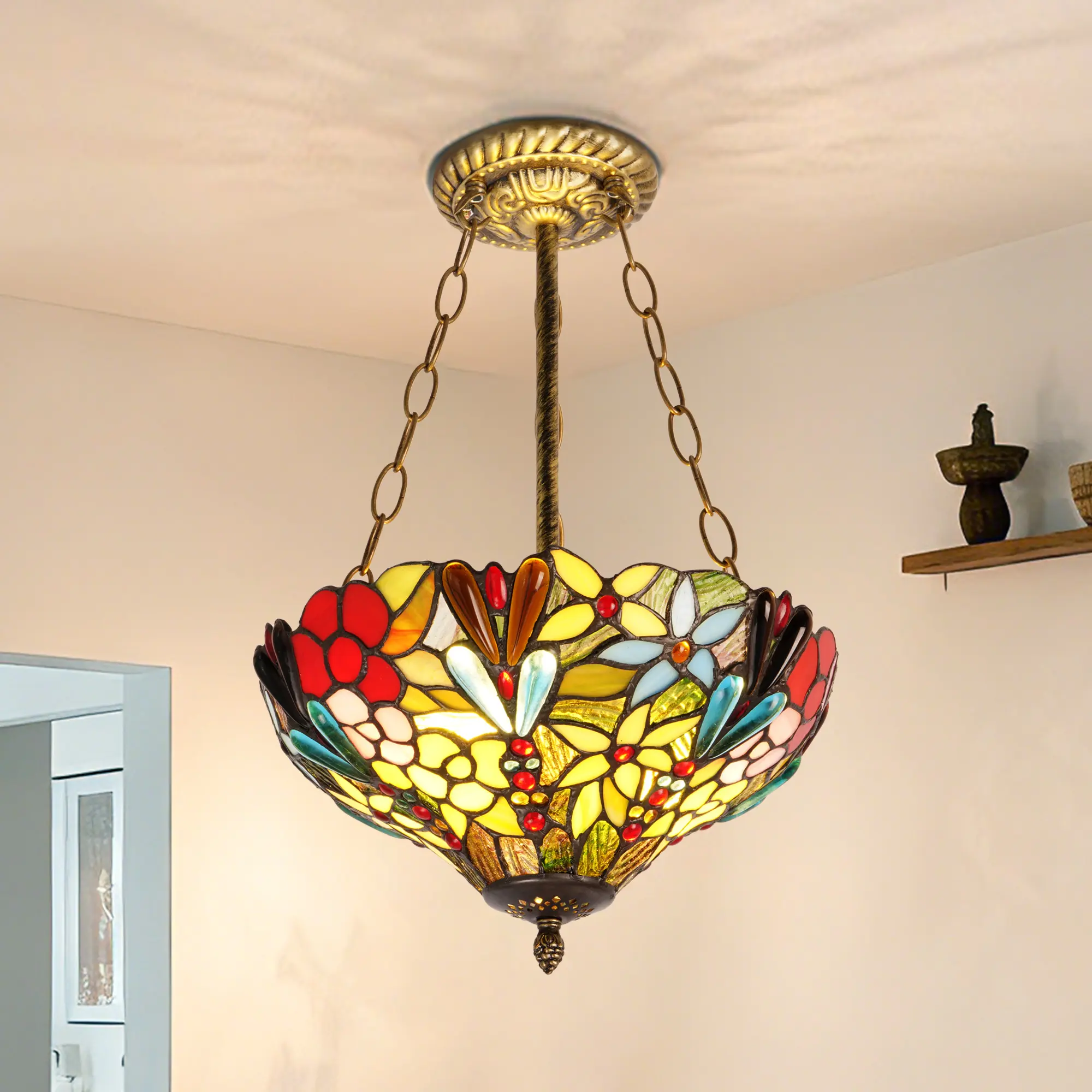 Tiffany-Style Stained Glass Pendant Light, 12in Multicolor Floral 2-Light Vintage Ceiling Fixture for Dining Room, Kitchen