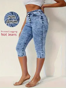 Fashion Printed Leggings Non-Denim Fabric, Slim Fit Seven-Quarter Pants, Fake Jean Pockets & Buttons, Ideal for Cycling Parties Walks