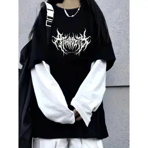 Black & White Gothic Punk T-Shirt - Y2K-Inspired Faux Layered Lightning Bolt Print, Polyester & Elastane Blend, Crew Neck, Machine Washable, Hip Hop Street Style