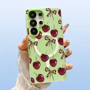 Cute Cherry Leopard Print Bow Pattern Phone Case For Samsung Galaxy S26 Ultra S25 Plus S24 FE S23 S22 Luxury Candy Color 2-in-1 Shockproof Magnetic Smartphone Case Matte Soft Cellphone Casing Cover