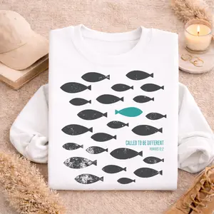 Called to Be Different Fish Shirt, Romans 12:2 Christian Graphic Tee, Minimal Distressed Fish Pattern T-Shirt Design Gift for Her