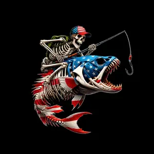 Funny Skeleton Fishing Sticker USA Flag Fish Vinyl Decal, Patriotic Fisherman Gift for Truck Gear