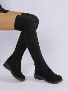 New Fall Winter over Knee Knit Boots for Women, Fashionable Elastic Slimming Slip-On Boots, Comfortable Heel Warm Sock Boots