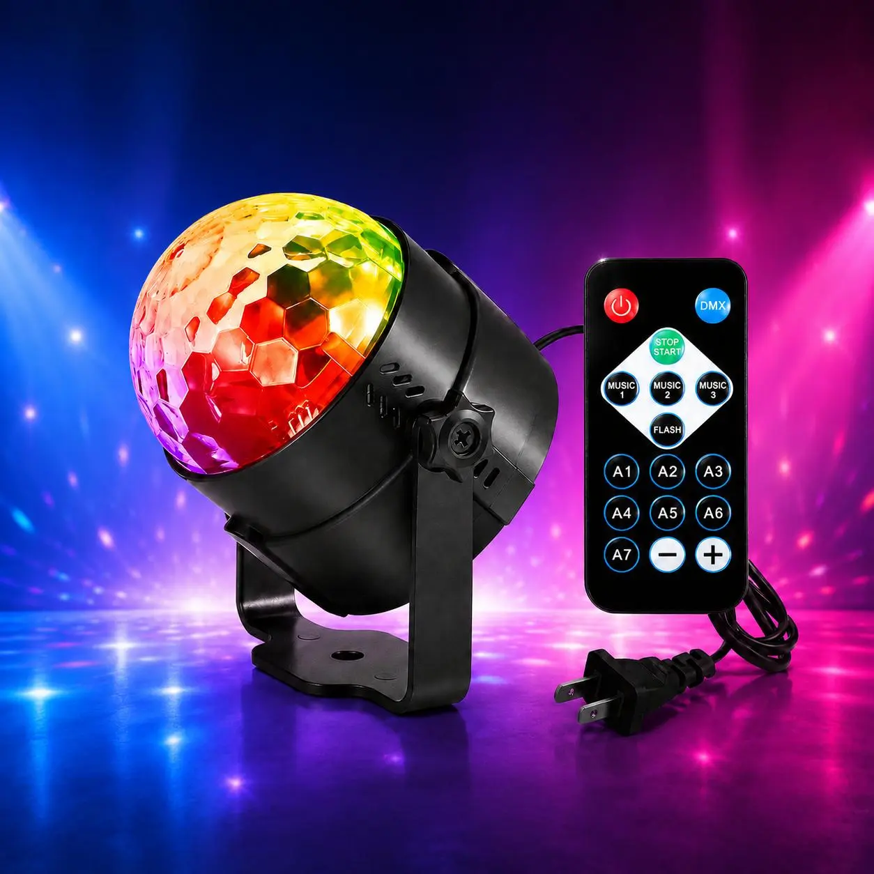 Helloween Ball Shape Compact LED Disco Ball Party Light - Adjustable Remote Control, Sound-Activated Music Sync Dynamic RGB Lighting, 7 Color Modes, Plug-In for Home Parties, Disco Novelty Lighting Decor