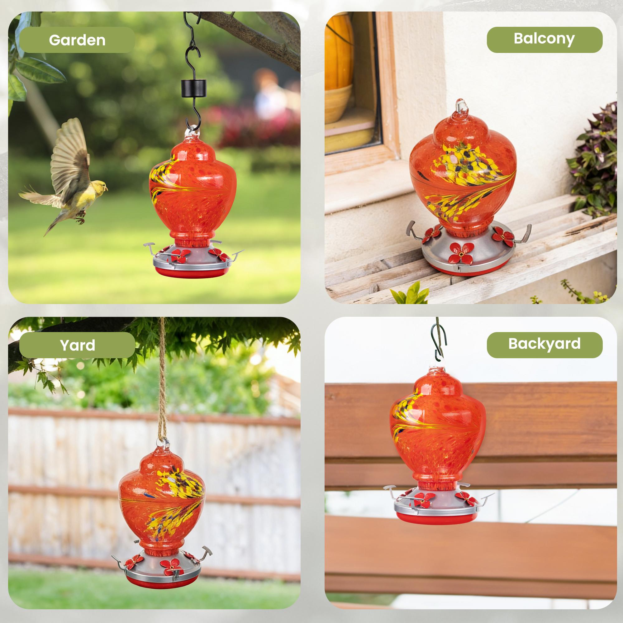 ennvaofficial outdoor garden large hummingbird feeder, 32-ounce colorful hand-blown glass hummingbird feeder, equipped with an anti-ant guard, hanging hook, rope, brush, and service card (red)