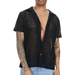 Mens Floral Lace Shirt Short Sleeve Hollow Out Sheer See through Casual Button down Shirts