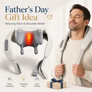 [Father's Day gift ] Neck and Shoulder Massager with Heat, 4D Deep Kneading Cordless Shoulder Massage Wrap, Wearable Back and Neck Massager with 6 Massage Heads, 3 Modes, 2 Intensities, Auto Timer, PU Leather, Beige