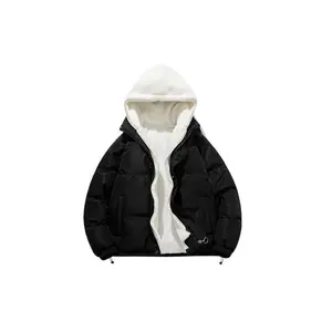 Unisex Fleece Lined Hooded Jacket, Winter Lamb Wool Coat, Casual Outdoor Sports Outerwear, Thick Cotton Padded Parka for Couples