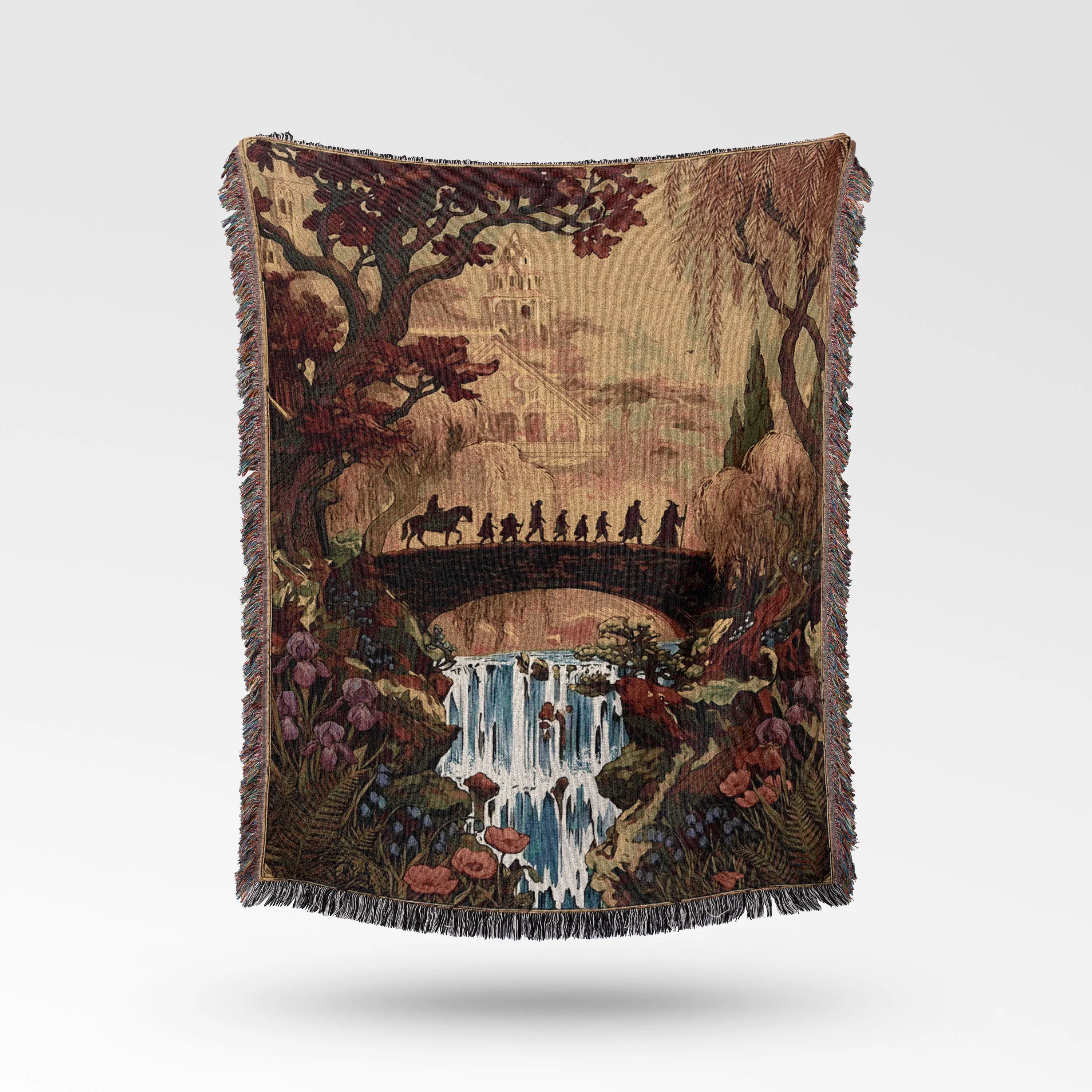 Fantasy Fellowship Journey Woven Blanket: Elven City Landscape Tapestry, Fantasy Book Gift, Bookish Aesthetic Decor, Meadow Floral Throw