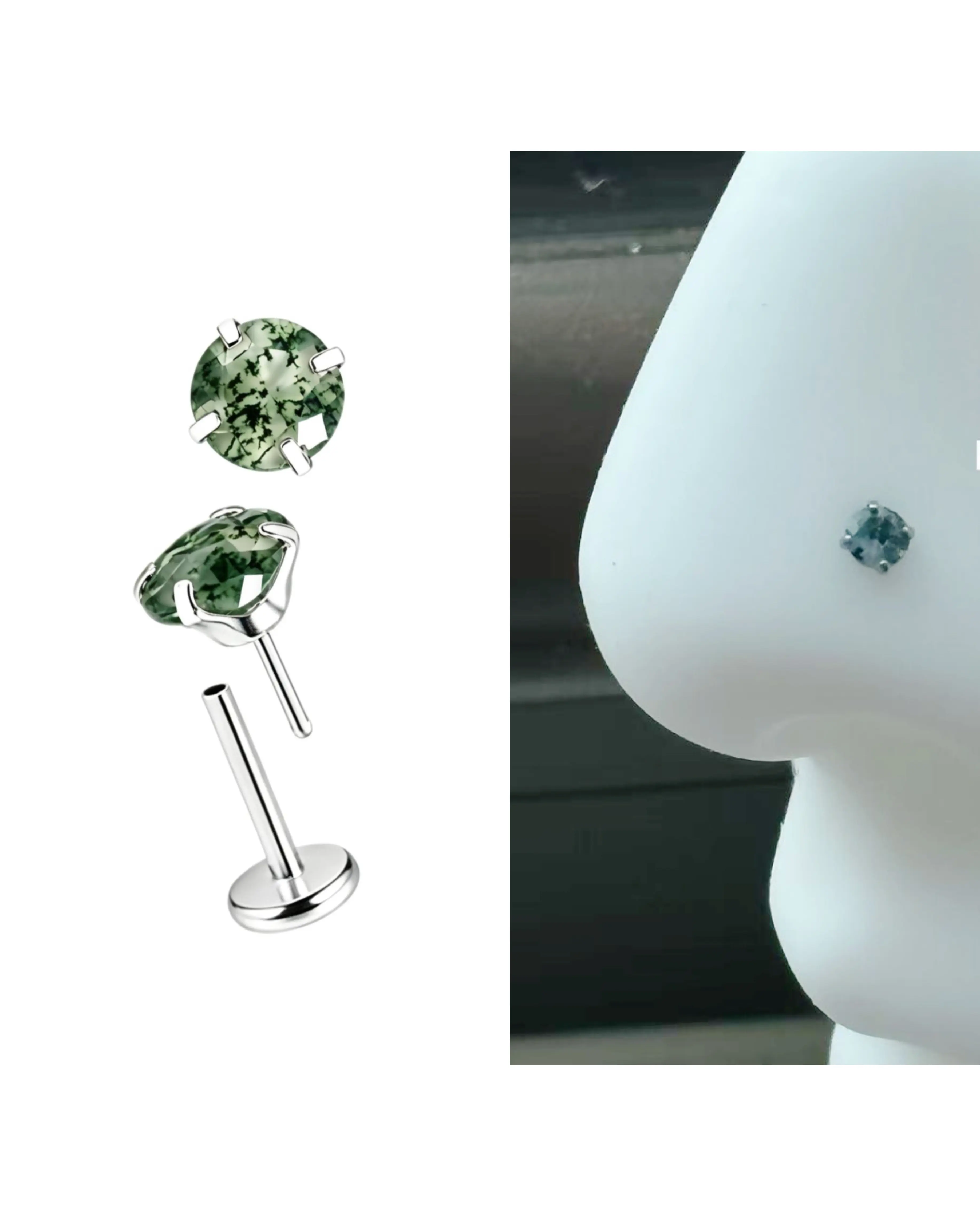 Implant Titanium Natural Moss Agate Push Pin Flat Back 20G Nose Stud Nickle free Non Tarnish Nose/Lip/Ear Jewelry Threadless