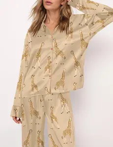 Giraffe Satin Pajama Set For Women – Soft Silky Sleepwear, Cozy Bookish Loungewear, Perfect Present for Fantasy Lovers - Gift Shirt on Mother Day Comfort Cotton