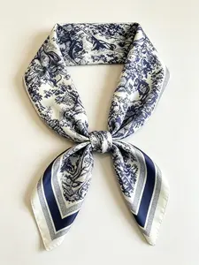 Blue & Porcelain Print Mulberry Silk Scarf for Women, Slim-Fitting Boho Style, All-Season Fashion Accessory, Ideal Gift