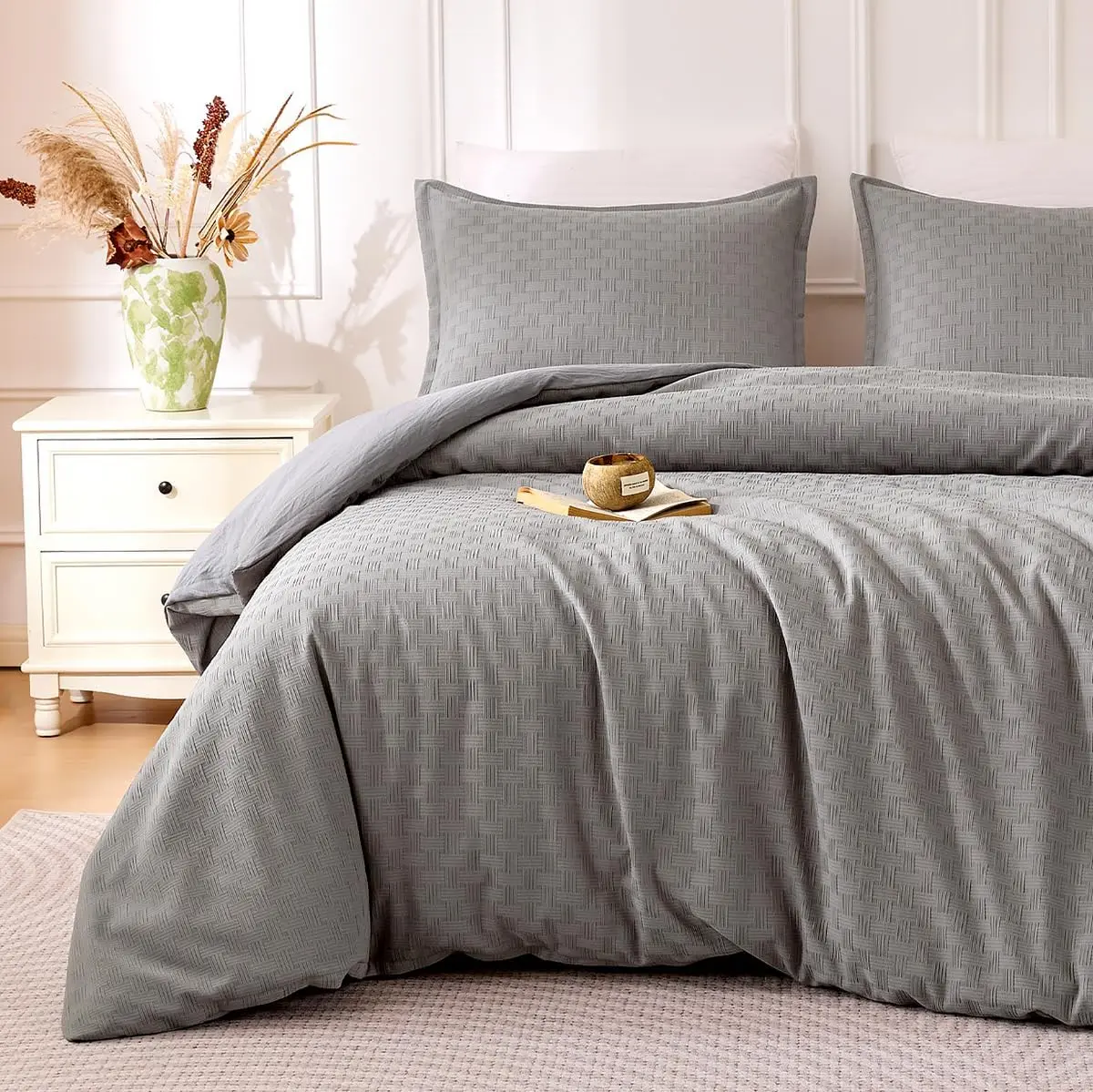 Waffle Duvet Cover Set Queen Size, 3 Pieces Boho Bedding Set for All Season 1 and Soft Duvet Cover with 2 Pillow Shams, 90"x90", Dark Grey Grid