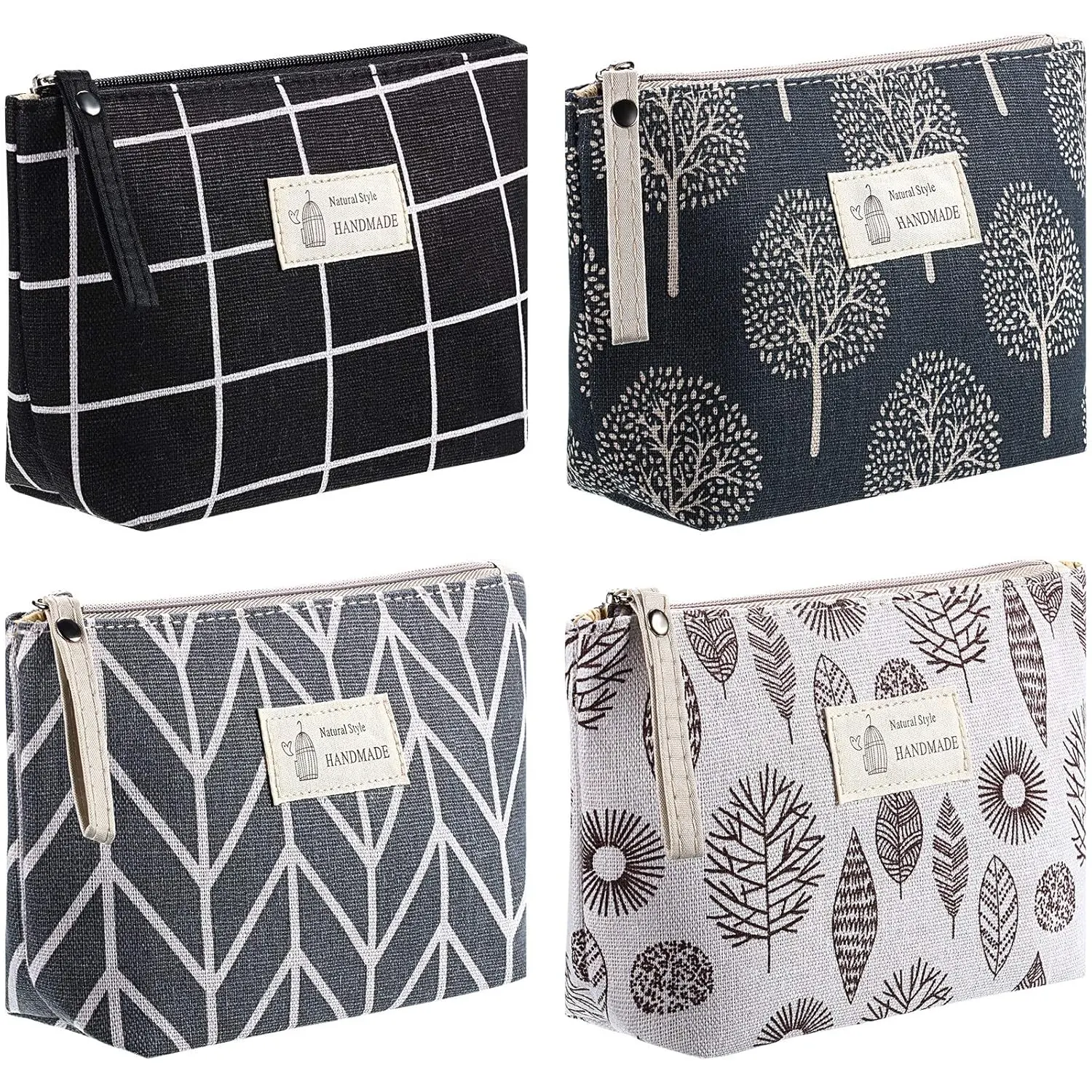 4 Pcs Aesthetic Canvas Makeup Bag Set,Large Capacity Travel Cosmetic Pouch with Zipper & Hand Strap,Cute Printed Linen Toiletries Organizer for Women Men,Fathersdaygift