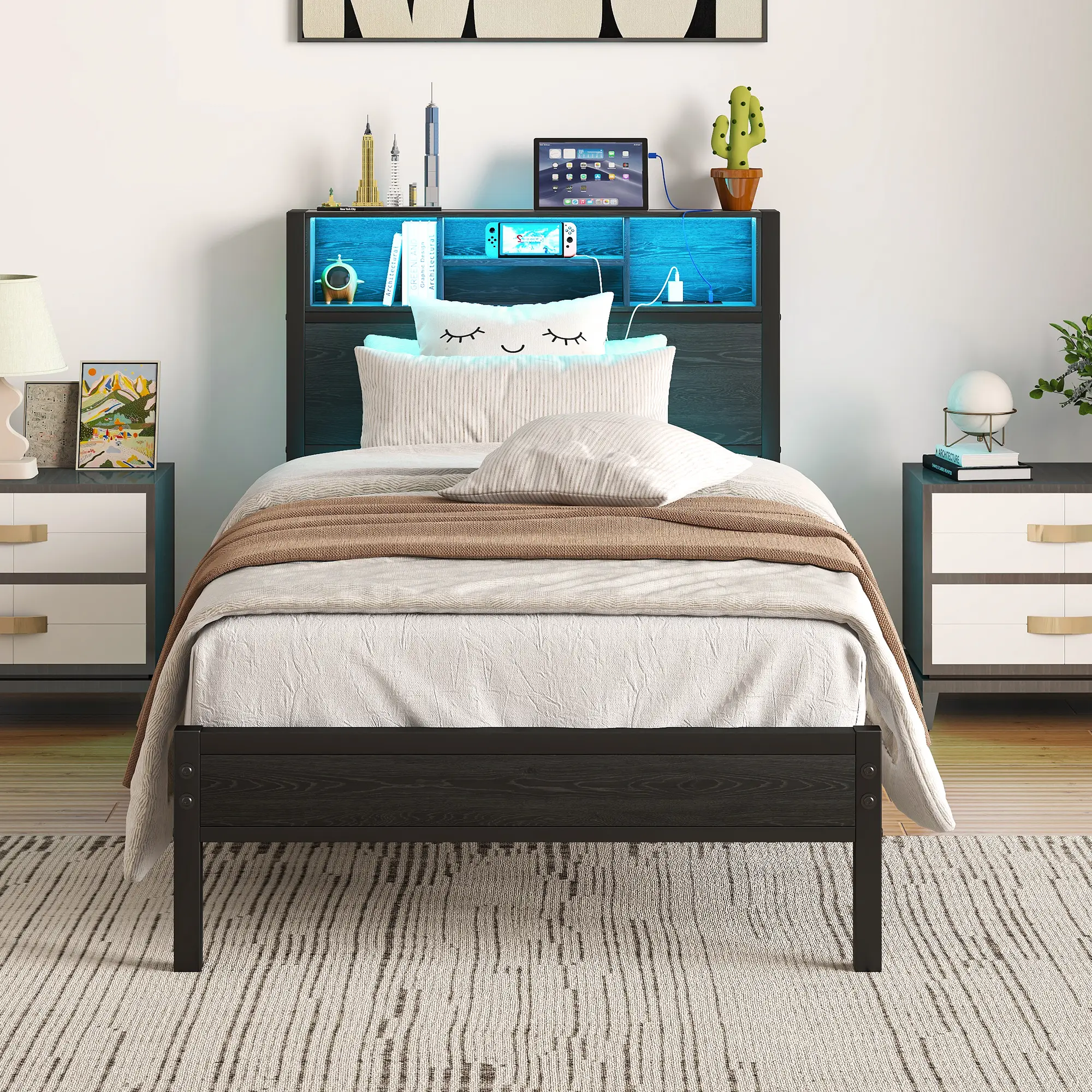 Glam Twin Size Metal Platform Bed Frame - Convenient Charging Headboard with Storage, LED Lights, Bookcase, Anti-Slip Design, No Box Spring Needed, Easy Assembly and Reliable Service, Black Brown