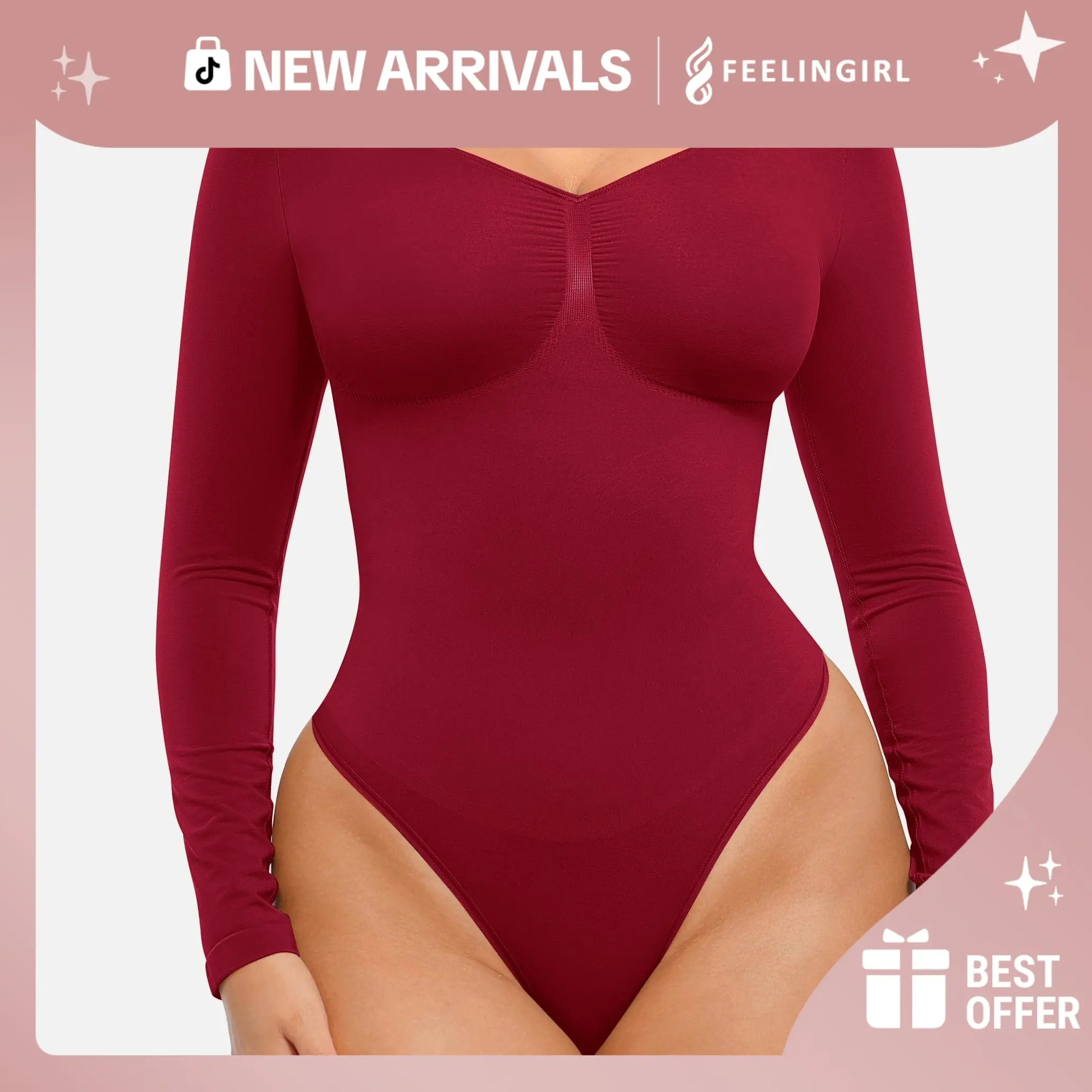 FeelinGirl Women's Seamless Shaping Long Sleeve Thong Comfortable Bodysuit for Tops and Underwear Lady Comfort Basic newarrivals#SohoChic