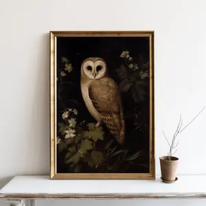 Antique Owl Poster, Vintage Animal Wall Art, Dark Academia Printable Wall Art, Moody Rustic Bird Print, Dark Art, Unframed