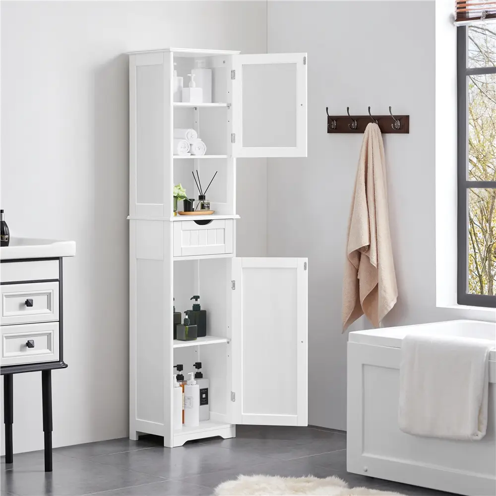 Yaheetech 67"h Modern Vertical Multifunctional Cupboard - Bathroom Cabinet with Wooden Base, Glass Door, 1 Drawer, Open Storage, MDF Organizer with Adjustable Features, Waterproof Finish, Drawer Hides Items, Hidden Storage for Privacy (Assembly Required),