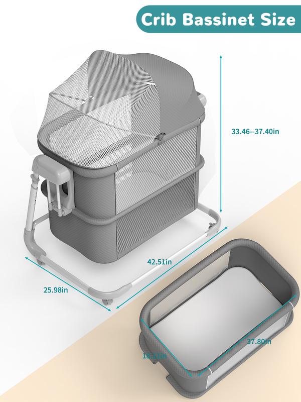 Electric Rocking Bassinet for Baby – Automatic Bluetooth-Enabled Smart Crib with Wheels, 4-Height Adjustable Bedside Sleeper, 5-Speed Swing for Newborns & Infants