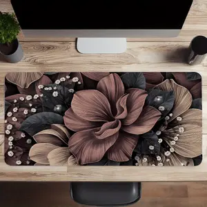 Floral Design Large Gaming Mouse Pad & Desk Mat with Non-Slip Rubber Base, Brown/Black/White/Beige Pattern for Office, Home, Laptop, Computer - Gamer Gift, Home Office Accessory, Decorative Workspace Item
